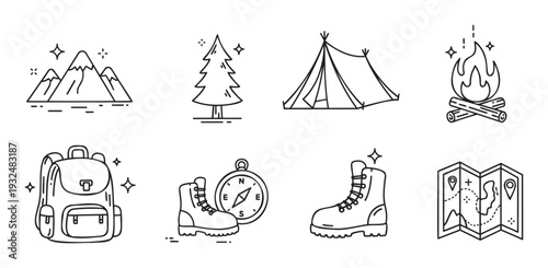 Outdoor adventure line icons set for hiking and camping themes, featuring mountains, tents, campfires, backpacks, boots, and maps, suitable for web and print graphic materials.