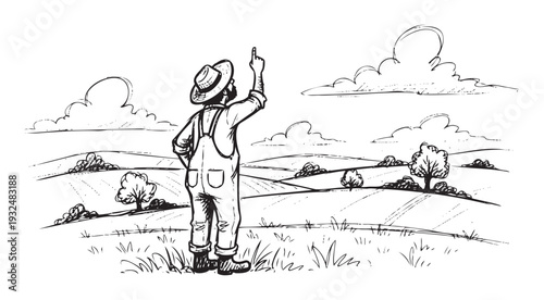 Farmer in overalls and a hat standing in a vast rural landscape pointing his finger skyward, depicting a moment of observation or anticipation in agriculture