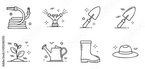 Collection of gardening tools and planting equipment line icons useful for horticulture themed web pages, mobile apps, or educational materials