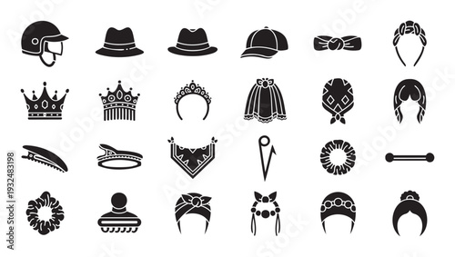 A comprehensive collection of headwear and hair accessories represented as black silhouette glyph icons, perfect for web graphics, app interfaces, and various fashion related projects.