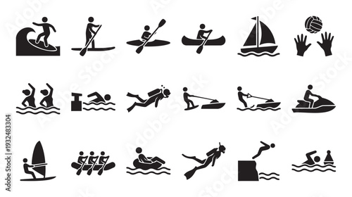 Comprehensive collection of water sports and summer recreation icons depicting various aquatic activities like surfing, kayaking, diving, and sailing for active lifestyle applications.