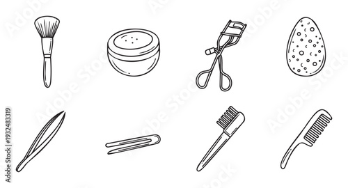 A collection of essential outline makeup tools and beauty accessories in a doodle style for cosmetic branding and personal care industry applications