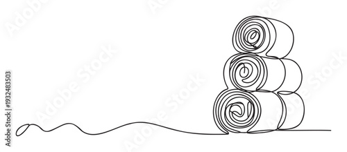 Single continuous line drawing showcasing three stacked textile rolls, ideal for modern product packaging, minimalist spa marketing, or clean home interior design graphics.