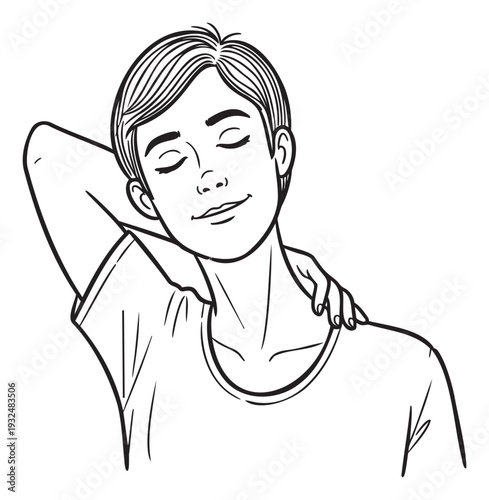 A peaceful young person with short hair gently stretches their neck and shoulder, conveying relaxation and comfort, perfect for wellness, selfcare, and healthrelated content.