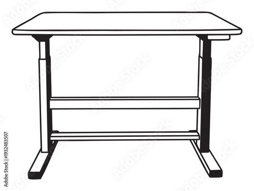 Modern black and white line art drawing of an adjustable height standing desk, perfect for office furniture catalogs, workspace design concepts, and ergonomic lifestyle promotions.
