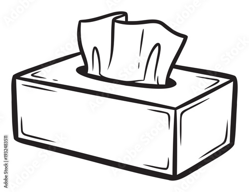 Simple outline drawing of a rectangular facial tissue box with a single tissue emerging from the top, ideal for health and hygiene related graphic materials or everyday home essentials