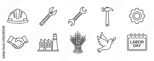 Comprehensive set of linear icons symbolizing work tools, industrial equipment, worker partnership, peace, agricultural harvest, and the Labor Day holiday useful for various professional