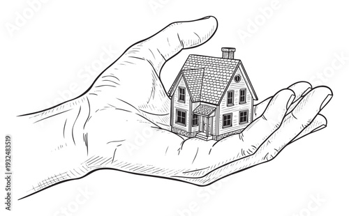 Caring human hand securely holding a charming small house, symbolizing home protection, real estate security, and sustainable living for financial and housing services promotions.