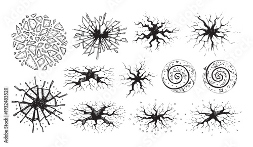 Hand drawn collection of broken glass fractures and abstract ground cracks with decorative nature inspired spiral designs perfect for grunge texture overlays or distressed effect graphics