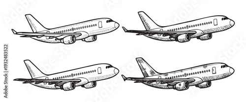 A collection of air travel passenger jet outlines capturing the essence of global transportation and flight for aerospace industry marketing and educational materials