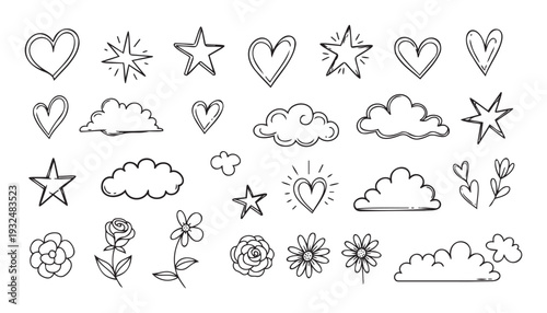 Handdrawn doodle collection of various hearts, shining stars, soft clouds, and pretty flowers, ideal for adding a charming, whimsical touch to graphic projects, social media, and lovely
