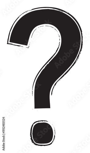 Dynamic distressed black question mark graphic with a bold white outline symbolizing inquiry and doubt, perfect for educational content, problem solving presentations, or visual