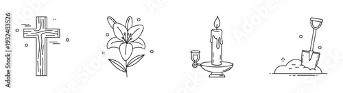 Collection of outline icons including a solemn wooden cross, a beautiful lily flower, a burning candle, and a burial shovel, useful for memorial and funeral service materials.