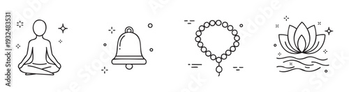 Discover spiritual harmony with this collection of meditation and mindfulness icons featuring a meditating figure, sacred bell, prayer beads, and tranquil lotus flower, perfect for wellness