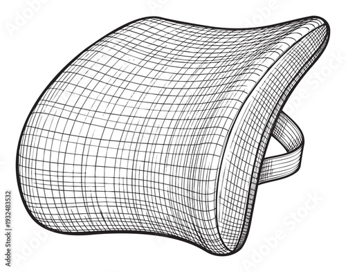 Dynamic black and white line drawing depicting an ergonomic lumbar support cushion with a wireframe grid texture, ideal for industrial design concepts, product development visuals, or