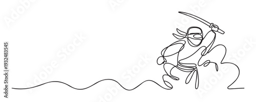 Dynamic continuous line drawing of a ninja wielding a sword in an action pose, perfect graphic resource for martial arts themed web and print projects