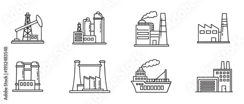 Collection of industrial production and energy themed line icons depicting factories oil rigs and cargo ships suitable for various business and economic presentations