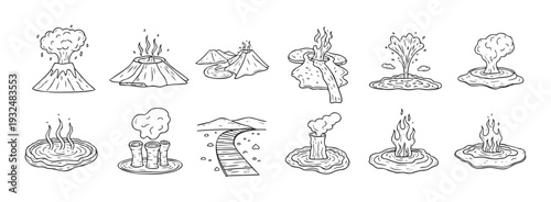 Illustrative set of geological formations featuring active volcanoes, cascading lava, powerful geysers, hot spring steam vents, and scenic pathways, ideal for science education and natural