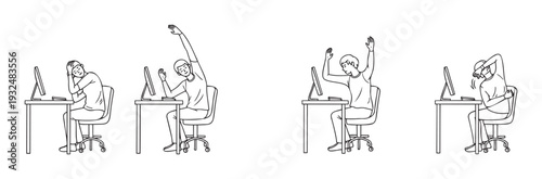 An office worker performs various stretching exercises at their desk to relieve tension and promote wellbeing during a busy workday, suitable for health and wellness content