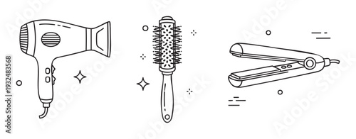 Essential hair styling tools including a professional hairdryer, a versatile round brush, and a sleek hair straightener for salon and home grooming needs
