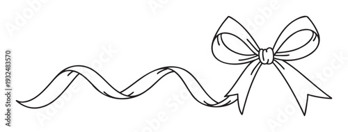 Simple black outline drawing of a decorative bow with a flowing wavy ribbon, perfect for gift wrapping, holiday events, special occasions, and festive celebration accents.