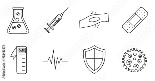 Outline collection featuring essential medical and healthcare icons including laboratory flask syringe wound bandage heartbeat shield and virus symbol ideal for digital health interfaces or