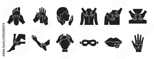 Comprehensive collection of spa and wellness icons representing various body care treatments, massages, and beauty procedures for use in health and relaxation promotions.