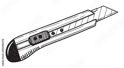 A hand drawn sketch of a versatile utility knife with a retractable blade, perfect for various cutting tasks, construction projects, office work, or creative craft endeavors requiring