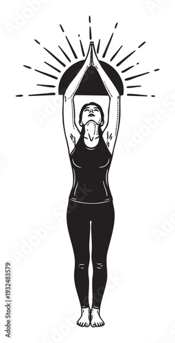 Female yogi performing a standing upward prayer pose with an uplifting radiant aura perfect for meditation, spirituality, and fitness lifestyle promotions.