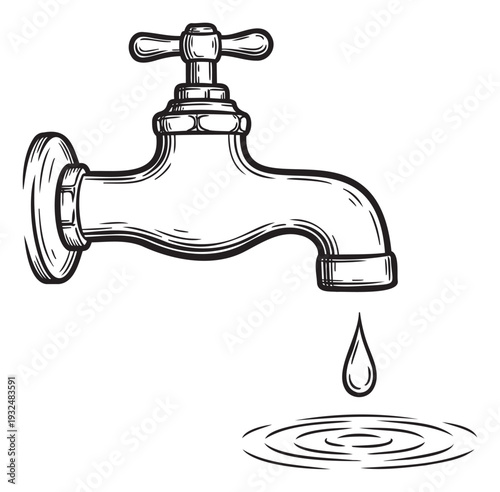 Classic water tap dripping a single precious drop into ripples, useful for environmental conservation campaigns and plumbing service promotions.