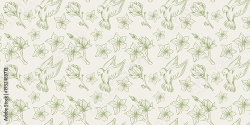 Sketch style spring seamless pattern with flying birds, tree branches with flowers, vector background. Vintage botanical textile design, green monochrome floral texture, hand drawn magnolia blossom