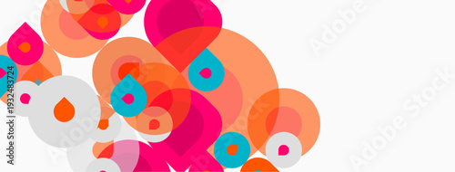 Abstract colorful circles overlap, creating dynamic visual texture. Pink, orange, turquoise hues dominate white background. Modern design element.