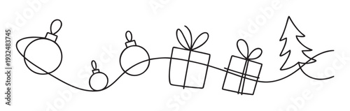 Minimalist Christmas garland line drawing featuring festive ornaments, gift boxes, and a Christmas tree, perfect for holiday event invitations and seasonal greeting decor