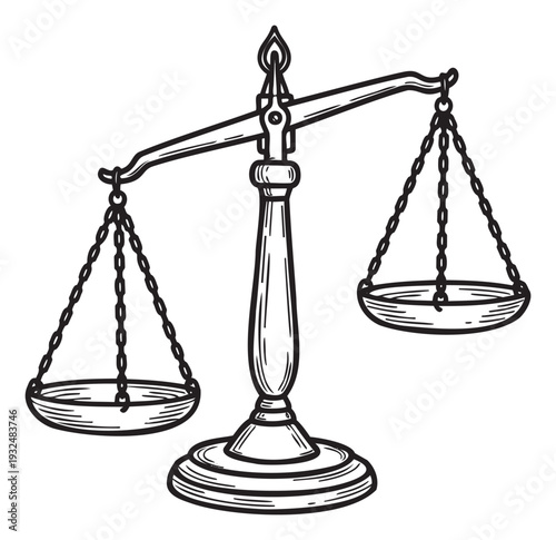 Classic black outline balance scale with unequal pans symbolizing legal principles, justice, and the concept of weighing decisions, ideal for educational or professional presentations.
