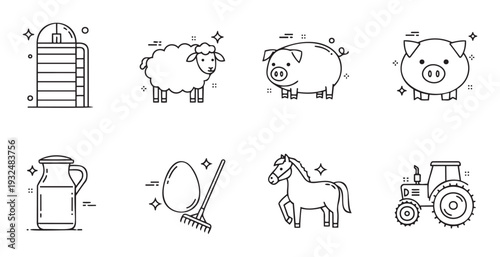 Set of modern linear agriculture and farming outline icons depicting silo sheep pig milk jug egg horse and tractor suitable for web graphics and educational materials