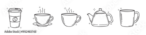 Collection of hand drawn outline coffee and tea cups, mugs, and teapot icons perfect for cafe menus, beverage packaging, and web graphics for food and drink related businesses