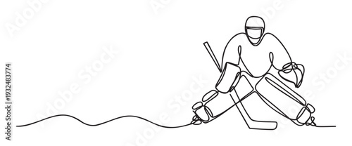 Dynamic single line drawing capturing an ice hockey goalie in action with protective gear and stick, perfect for sports event promotions or athletic achievement recognition graphics
