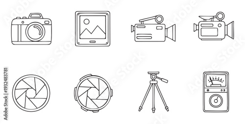Simple black and white line icons representing various photography and videography equipment and tools like cameras, video recorders, tripods, and light meters for educational or graphic