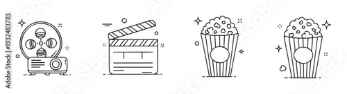 Black and white outline cinema icons featuring a vintage film projector, a classic movie clapperboard, and delicious popcorn buckets, perfect for film festival branding, streaming service