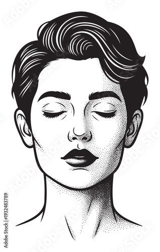 Serene young woman with closed eyes and short wavy hair captured in a stylized black and white portrait, perfect for wellness, meditation, and selfcare content.