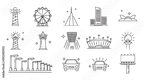 Modern black and white line icons featuring essential urban infrastructure elements and popular travel attractions such as city buildings, lighthouses, stadium, Ferris wheel, and car
