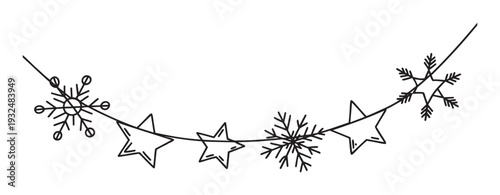 Delightful winter holiday string decoration featuring festive snowflakes and stars, perfect for Christmas greeting projects, seasonal event invitations, and celebratory borders.