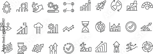 Set of outline icon related to progress, growth, efficiency. Linear icon collection. Editable stroke. Vector