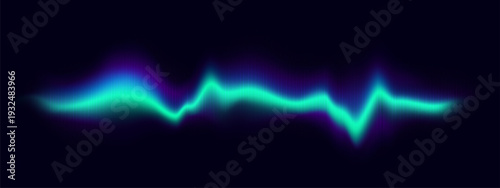 Dynamic sound wave with neon audio equalizer, abstract vector background. Music frequency green purple gradient spectrum and pulsing digital waveform, voice energy design on black bg