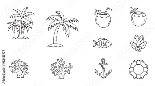 Collection of summer beach vacation symbols depicting palm trees, refreshing coconut drinks, marine life, and nautical elements perfect for travel brochures or holidaythemed materials