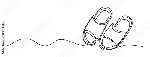 Simple one line drawing of two comfortable house slippers on a continuous flowing line, perfect for home decor product packaging or a calming spa wellness advertisement.