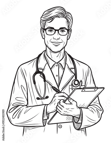 Confident male physician in a lab coat with a stethoscope and glasses holding a clipboard and pen ready to take notes representing medical care and healthcare professionals for various