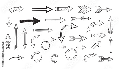 Variety of handdrawn doodle arrows pointing in different directions, a versatile collection for graphic user interface, navigation, infographics, or directional indicators.