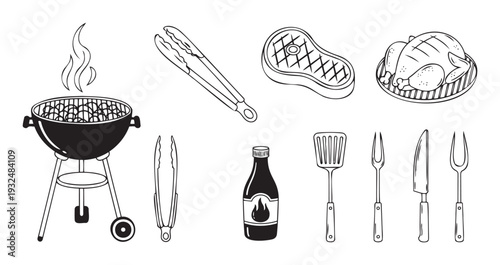 Barbecue and grill party essentials set featuring a smoking grill with hot coals, steak, roasted chicken, tongs, spatula, knife, and sauce bottle perfect for summer cookout menus and