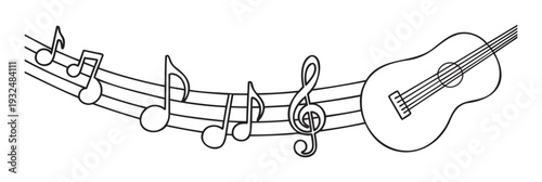 Decorative outline drawing of musical notes on a staff flowing into an acoustic guitar, perfect for music education materials, event invitations, or themed room decor